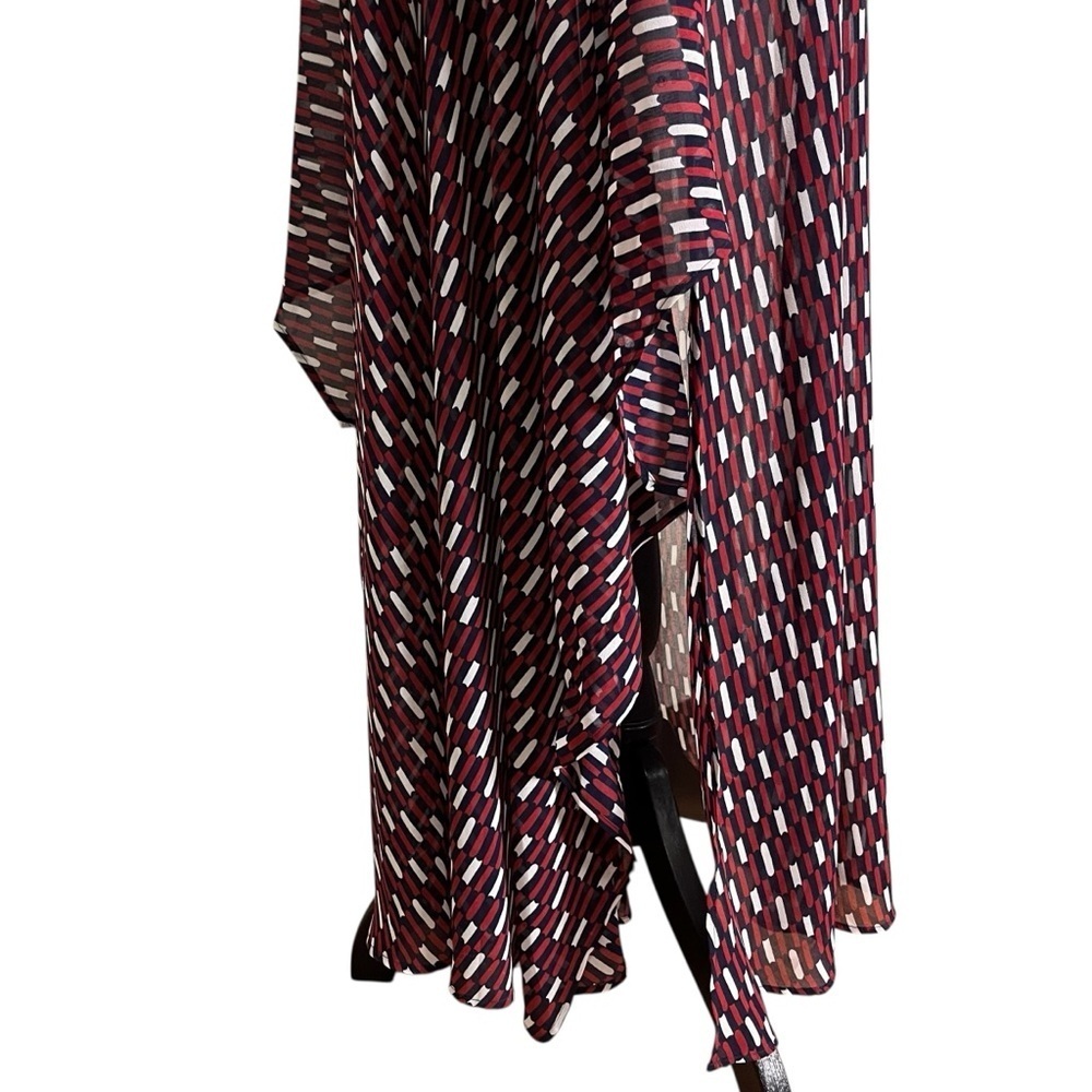 Maje Blue White Red Print Sheer Faux Wrap Raglan Sleeve Dress — 2 (Medium) - Picture 8 of 16